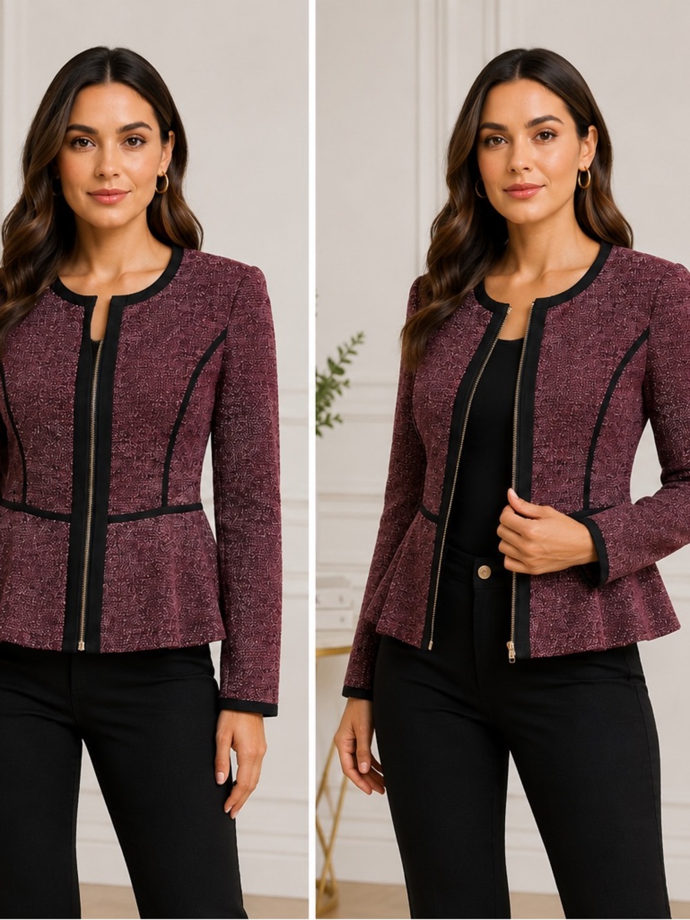 DKNY Khit Stretch Peplum Blazer Jacket with front zip and piping, Size 6